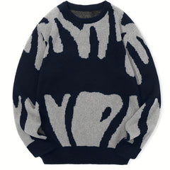 Men's Letter Knit Sweater Classic Fit Long Sleeve Crew Neck Casual Everyday