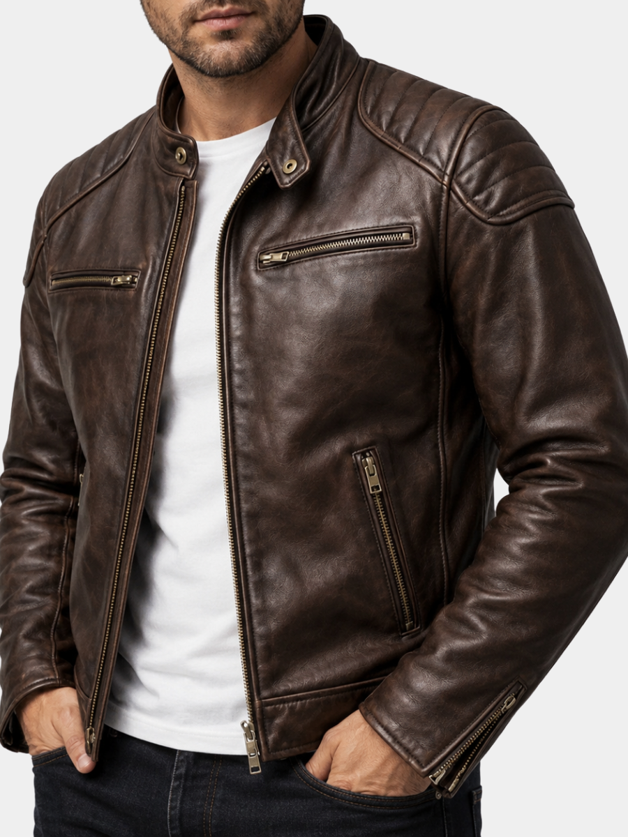 Men's Rugged Moto Jacket Classic Fit Long Sleeve Zipper Closure Casual Riding