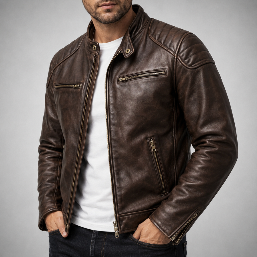 Men's Rugged Moto Jacket Classic Fit Long Sleeve Zipper Closure Casual Riding