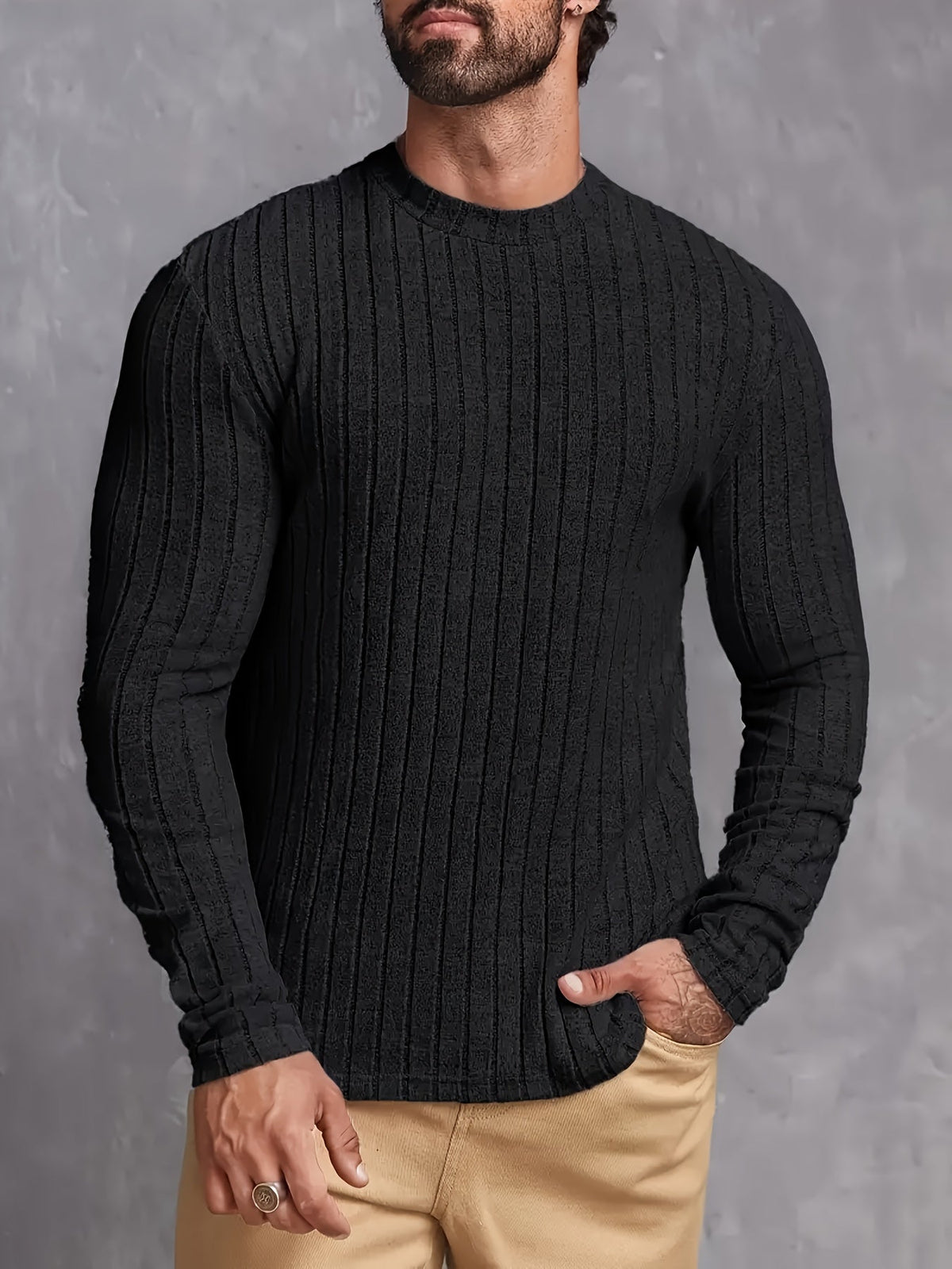 Men's Striped Rib-Knit Sweater Relaxed Fit Long Sleeve Crew Neck Casual Wear
