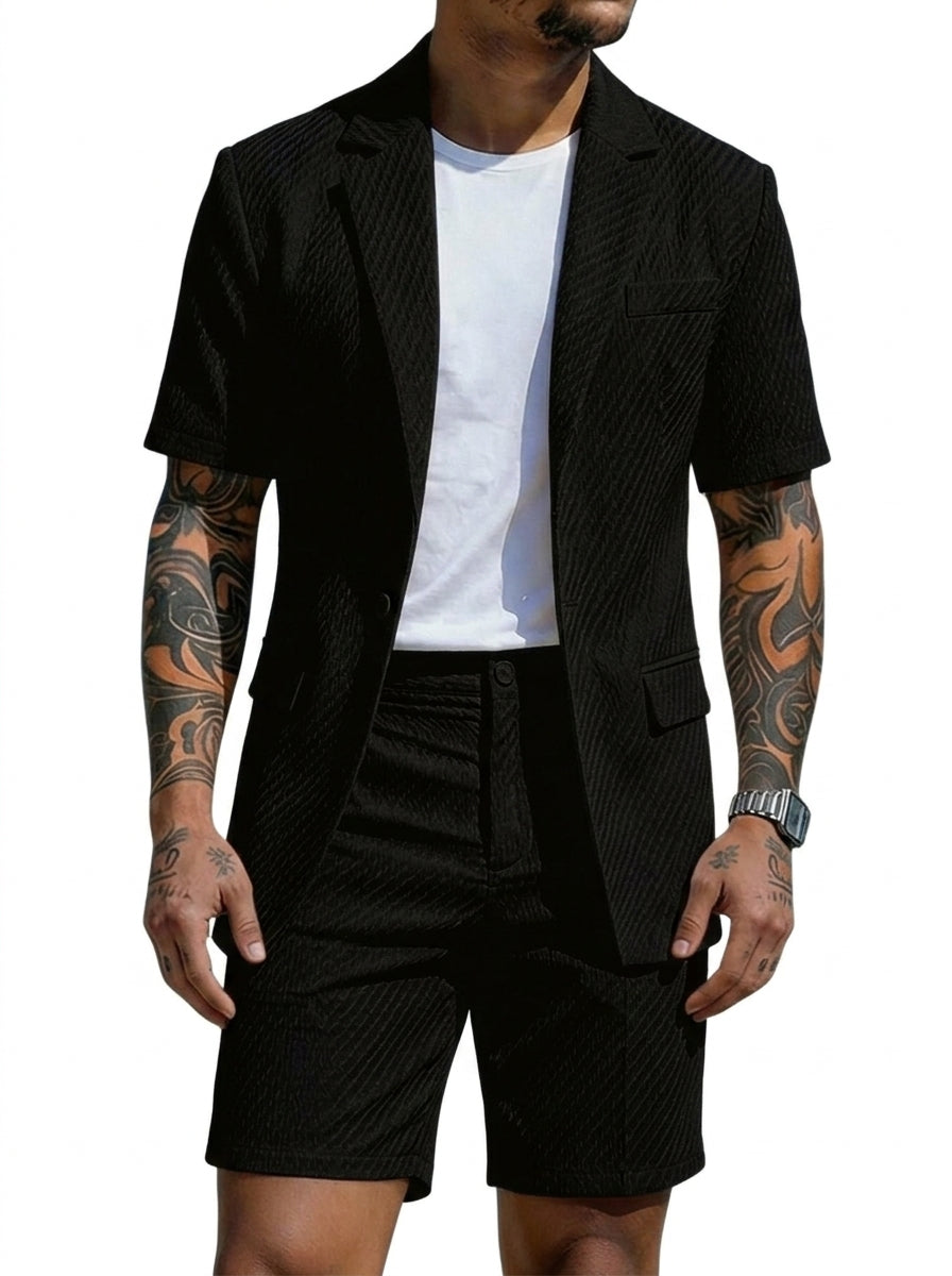 Men's Blazer & Shorts Set Two-Piece Textured Tailored Smart-Casual Casual Everyday Holiday Outfit Co-Ord Ansel