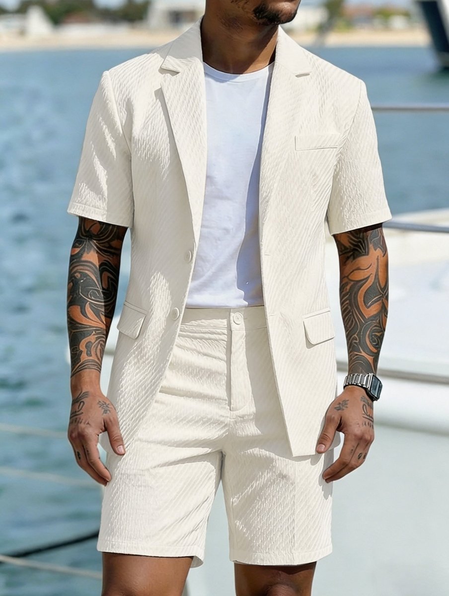 Men's Blazer & Shorts Set Two-Piece Textured Tailored Smart-Casual Casual Everyday Holiday Outfit Co-Ord Ansel