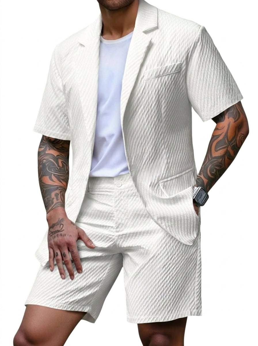 Men's Blazer & Shorts Set Two-Piece Textured Tailored Smart-Casual Casual Everyday Holiday Outfit Co-Ord Ansel