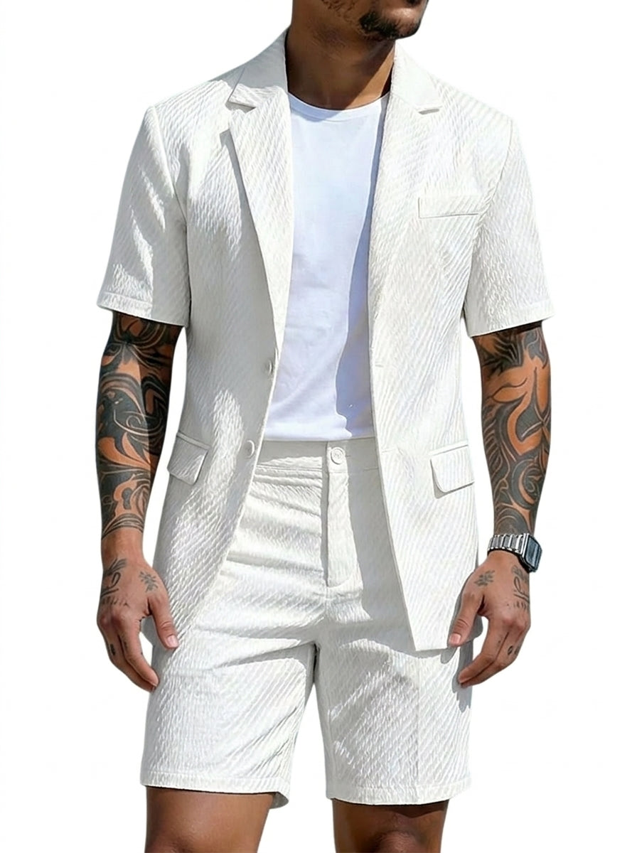 Men's Blazer & Shorts Set Two-Piece Textured Tailored Smart-Casual Casual Everyday Holiday Outfit Co-Ord Ansel