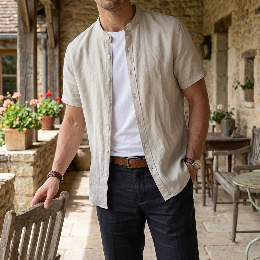 Men's Short-Sleeve Shirt Stand-Up Collar Button-Up Casual Holiday Beach Smart-Casual Everyday Relaxed Fit Callan
