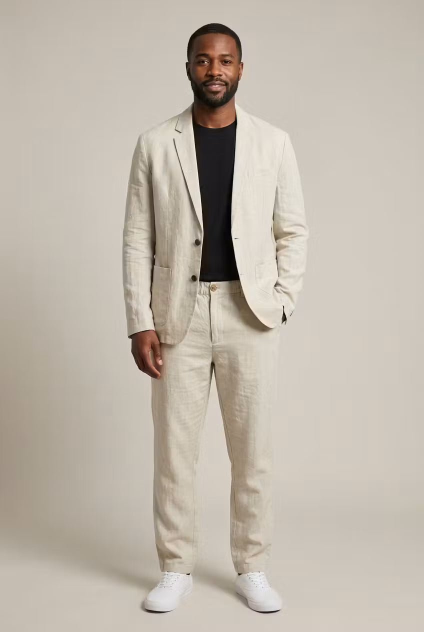 Men's Linen Suit Set Two-Piece Blazer & Trousers Relaxed Fit Breathable Smart-Casual Wedding Holiday Occasion