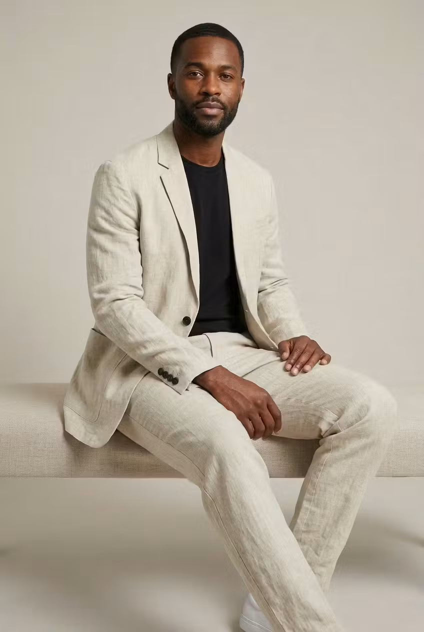 Men's Linen Suit Set Two-Piece Blazer & Trousers Relaxed Fit Breathable Smart-Casual Wedding Holiday Occasion