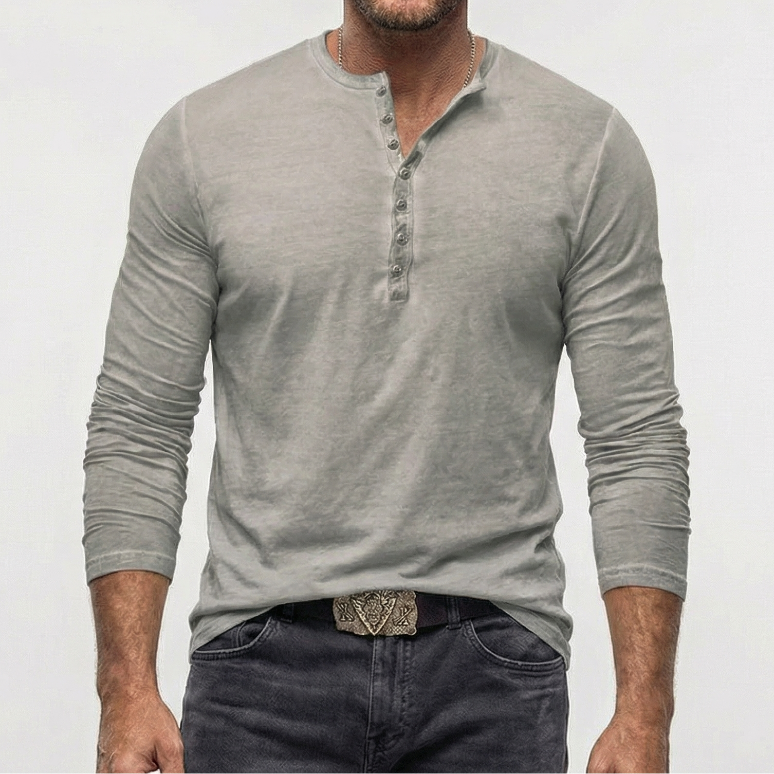 Men's Long Sleeve Button Neck Shirt Relaxed Fit Casual Everyday Wear