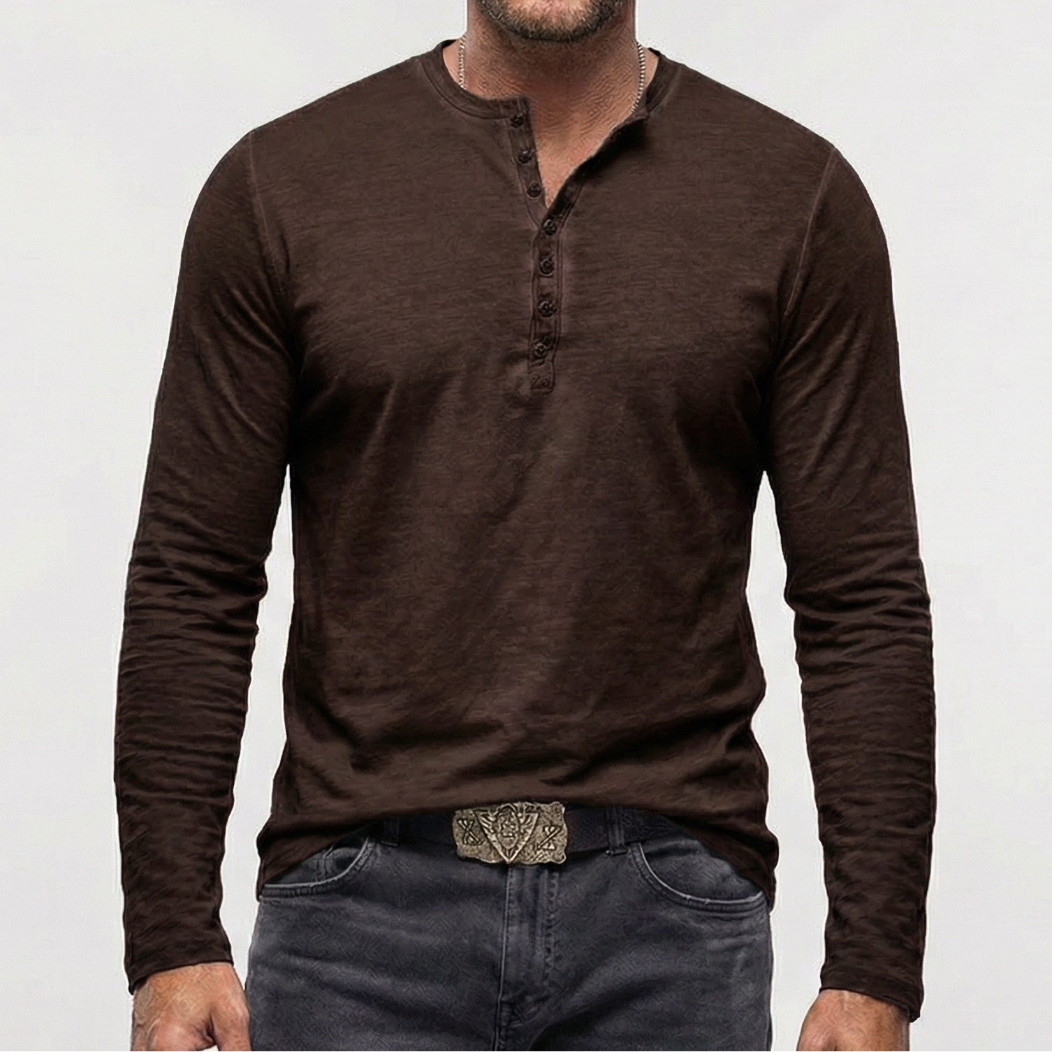 Men's Long Sleeve Button Neck Shirt Relaxed Fit Casual Everyday Wear
