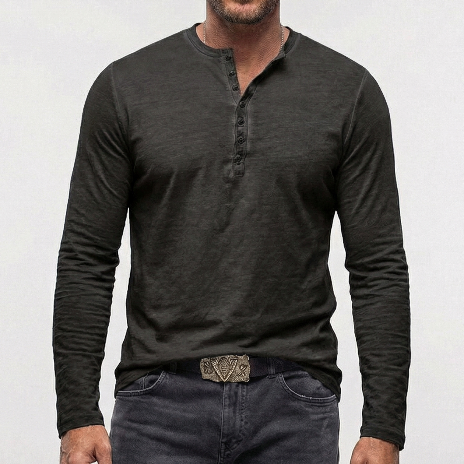 Men's Long Sleeve Button Neck Shirt Relaxed Fit Casual Everyday Wear