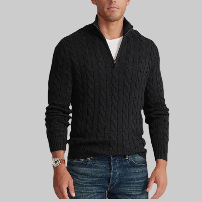 Men's Cabled Knit Zip Sweater Relaxed Fit Long Sleeve Casual Layering