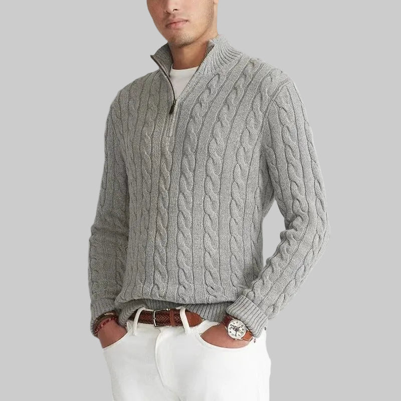 Men's Cabled Knit Zip Sweater Relaxed Fit Long Sleeve Casual Layering