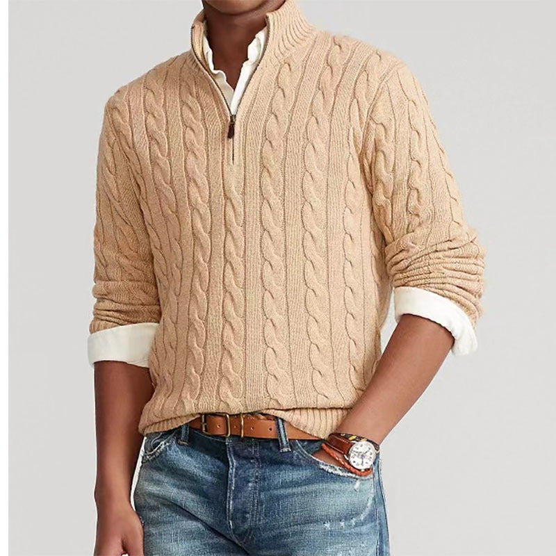 Men's Cabled Knit Zip Sweater Relaxed Fit Long Sleeve Casual Layering