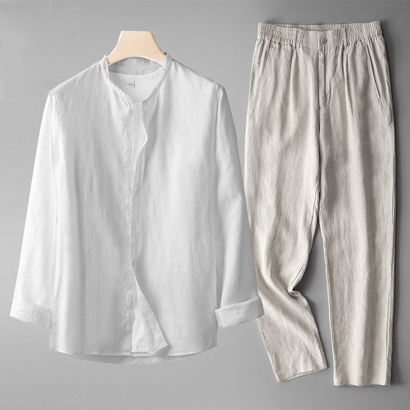 Men's Linen Set Two-Piece Matching Shirt & Trousers Breathable Classic Casual Everyday Holiday Beach Co-Ord Leon