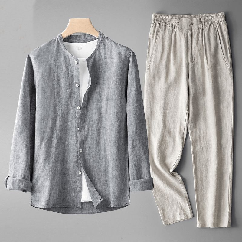 Men's Linen Set Two-Piece Matching Shirt & Trousers Breathable Classic Casual Everyday Holiday Beach Co-Ord Leon