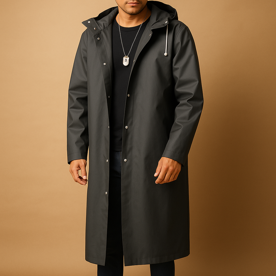 Men's Long Raincoat Classic Fit Waterproof Adjustable Hood Stylish Outdoor