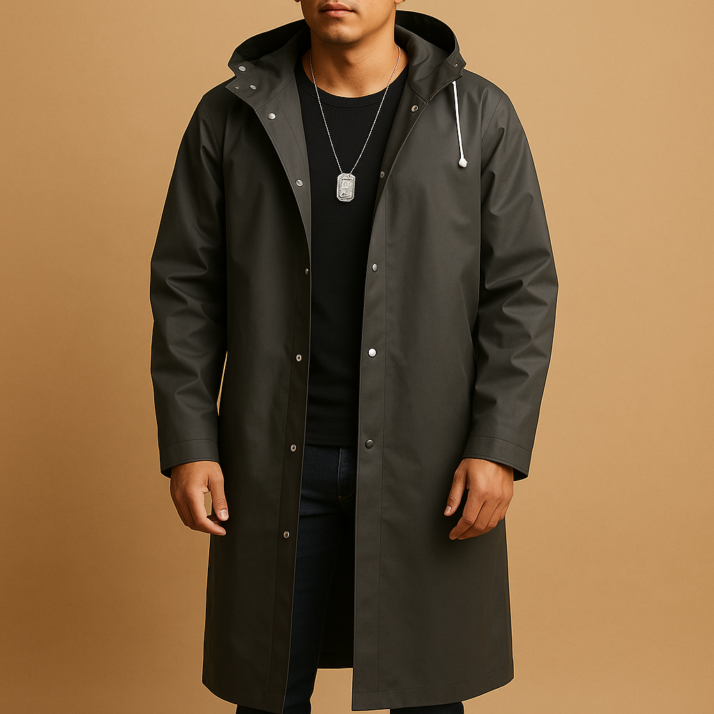 Men's Long Raincoat Classic Fit Waterproof Adjustable Hood Stylish Outdoor