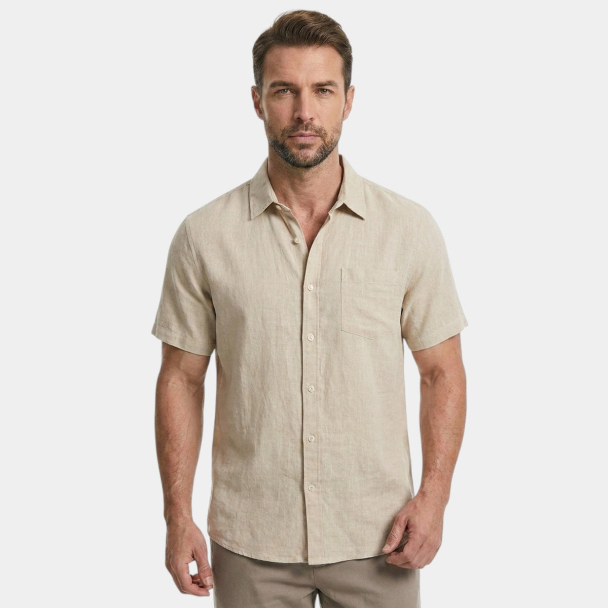 Men's Cotton Shirt Short-Sleeve Solid Button-Up Collared Casual Holiday Beach Smart-Casual Everyday Franklin