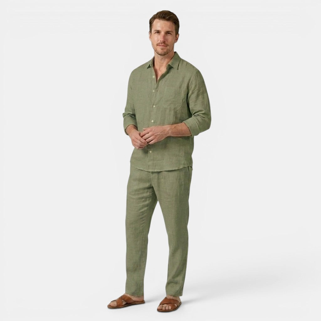 Men’s Linen Shirt and Pants Set Long Sleeve
