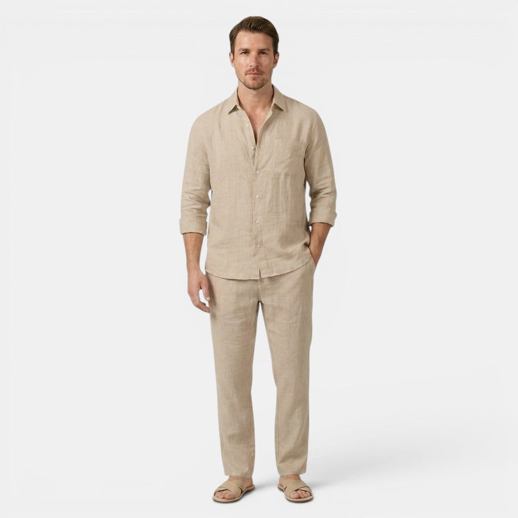 Men’s Linen Shirt and Pants Set Long Sleeve