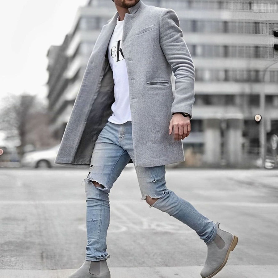 Men's Slim-Fit Mid-Length Overcoat Stand Collar Stylish Layering Outerwear