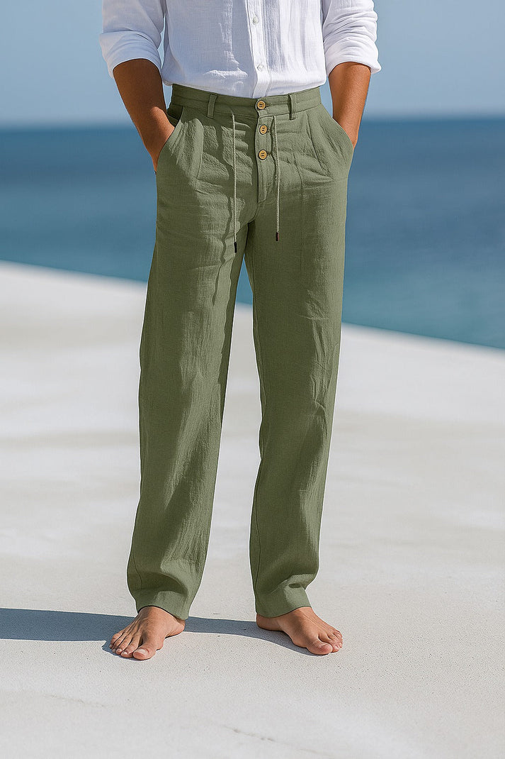 Men's Casual Drawstring Button Trousers | Straight Leg